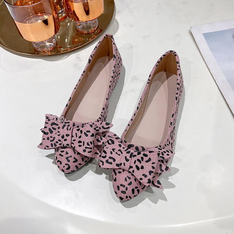 Cross-border large-size spring and summer new leopard print bow pointed flat shoes women's shallow mouth casual shoes