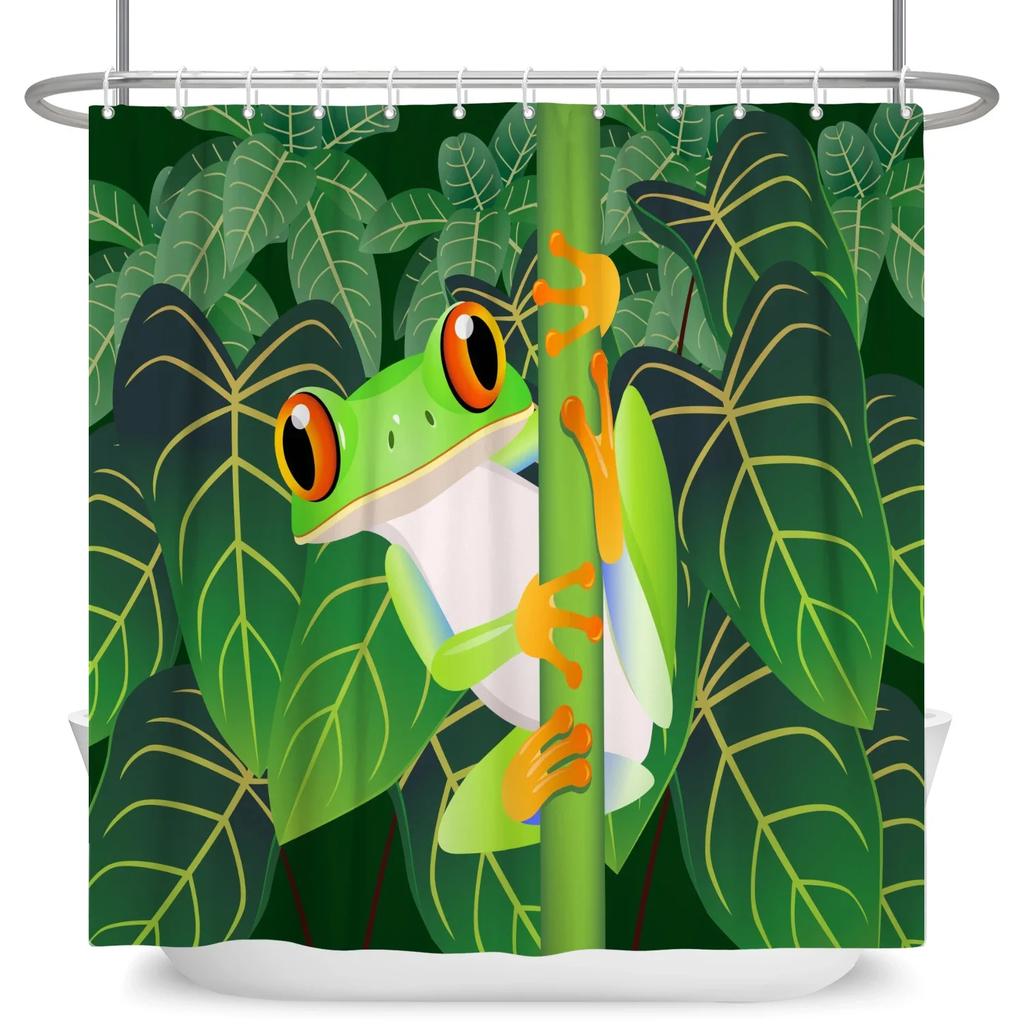 Funny Frog Cartoon Shower Curtain Sets Leaf Animal Creative Children Bathroom Decor Waterproof Fabric Home Hooks Bath Curtains