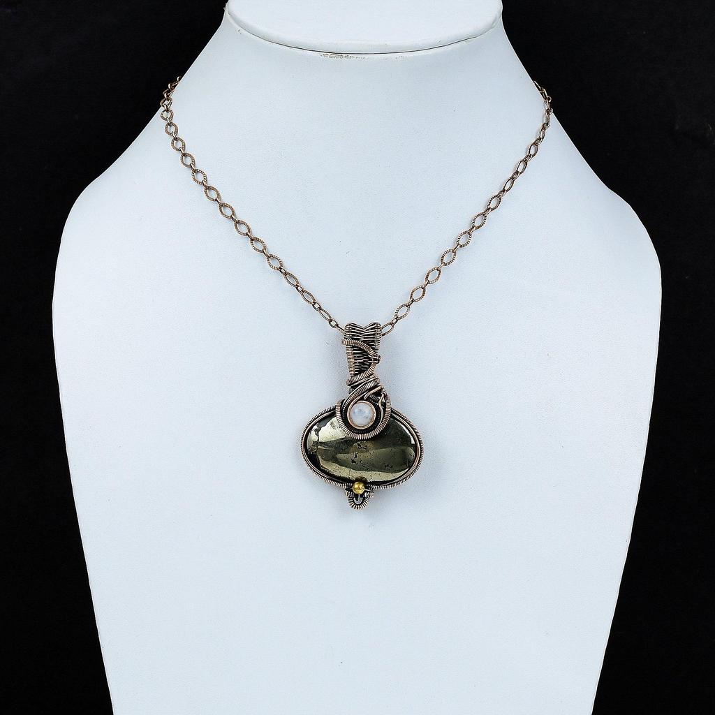 Pyrite Pendant Copper Wire Wrapped Pendant Handmade Rainbow Moonstone Jewelry Original Gemstone Pendant Gift For Mom Copper Designer Jewelry