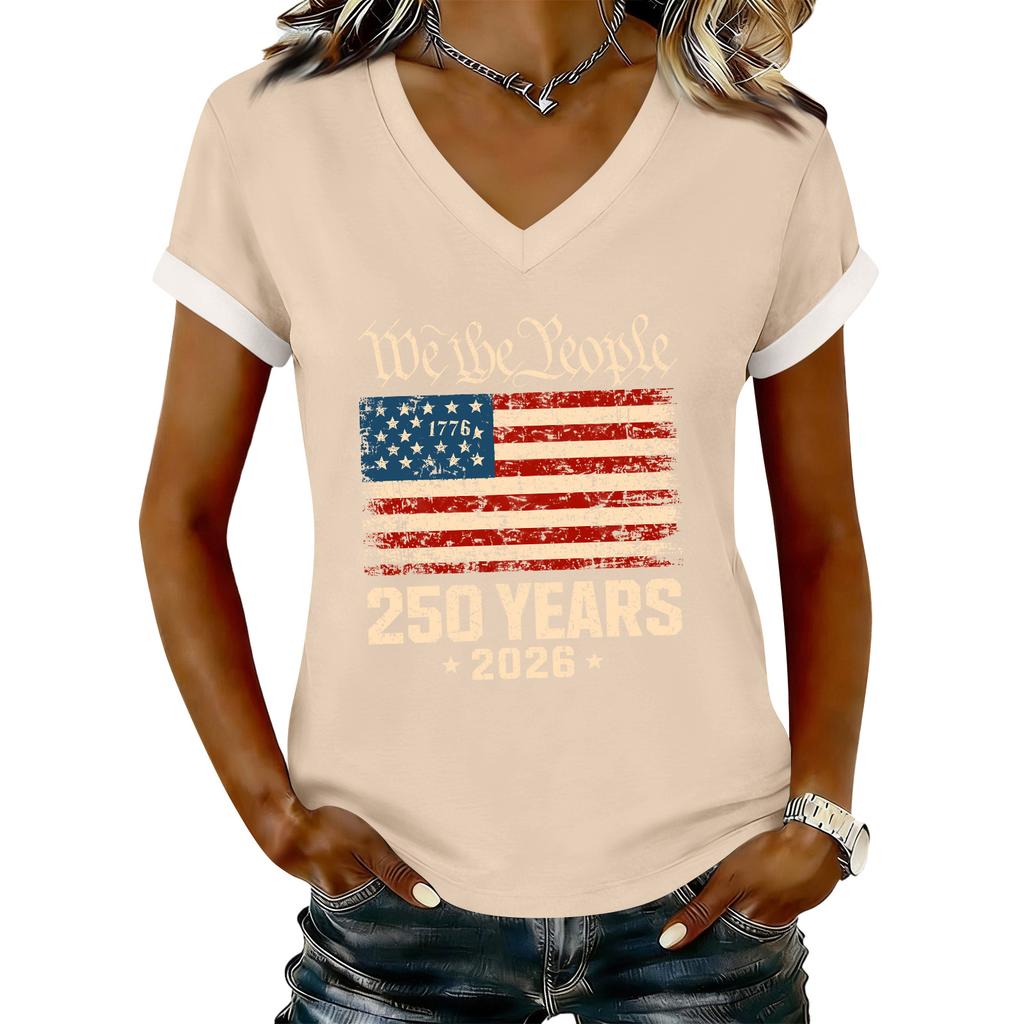 Women's Casual Printed T-Shirt V Neck Pullover Short Sleeve Top