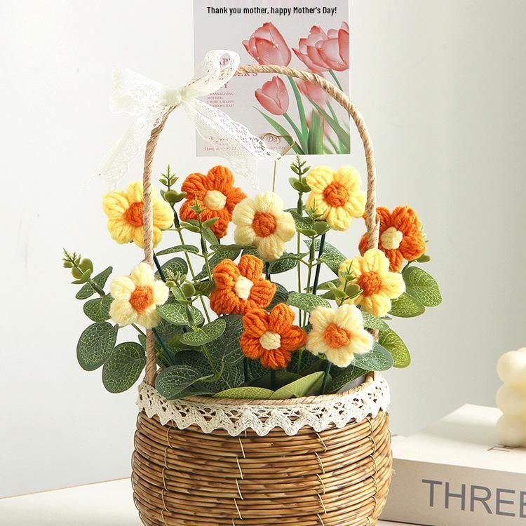Sonnenblumen Gestrickter Wollstrauß in Handkorb - Geburtstag, Feiertag, Lehrertag, Abschlussgeschenk