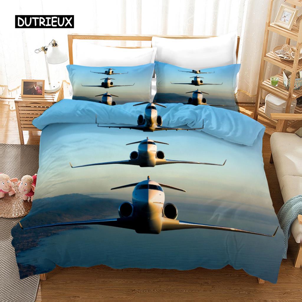 Plane Duvet Cover Microfiber Airplane Flying Through The Blue Sky Plane Theme Bedding Set for Boys Girls Double Queen King Size