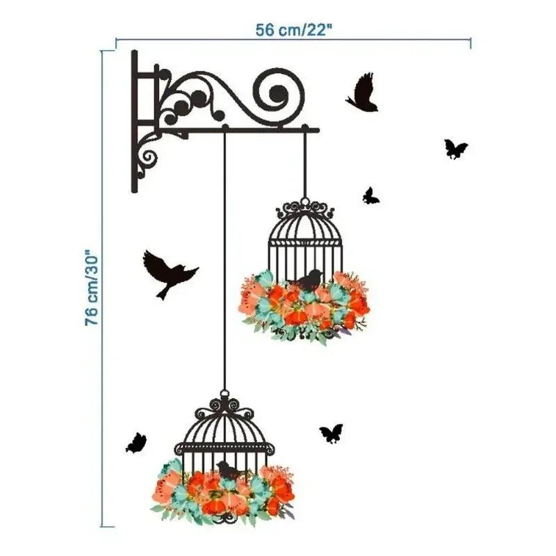 Colorful Flower Birdcage Wall Sticker Decals Flying Birds Plants Adhesive Living Room Wallpaper Bedroom Nursery Window Decor