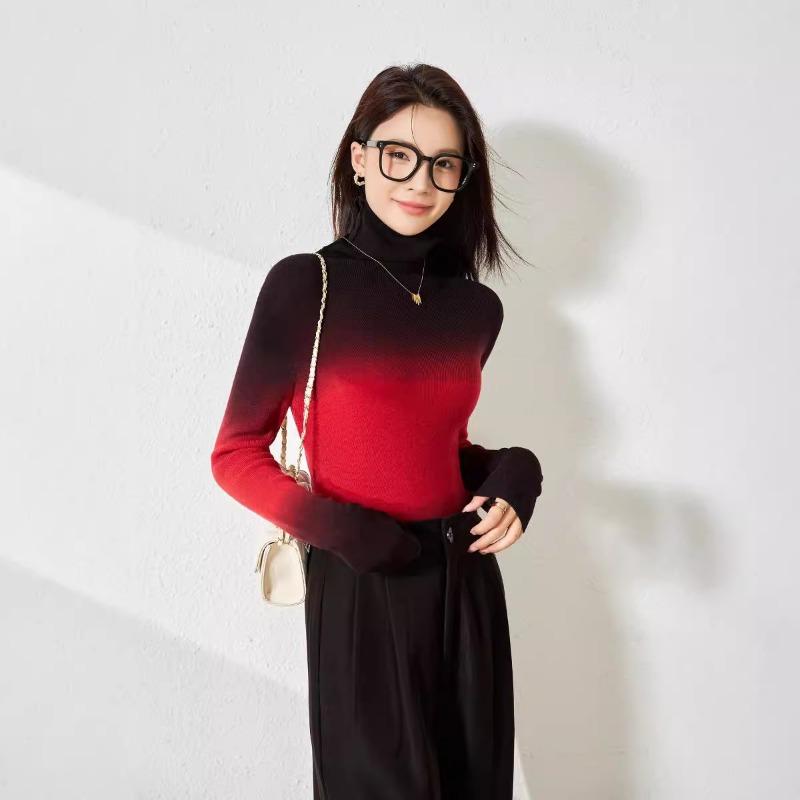 Autumn New Niche Design Sense Gradual Change of Color Slim and Thin Silk Wool Long Sleeve Bottoming Knitted Sweater Women