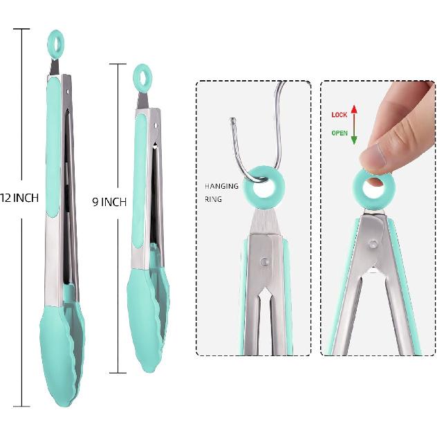 Silicone Non-SlipTongs for Cooking, 430 Steel Table Tongs for Kitchen Salad, Pasta, Grilling, BBQ, Heat Resistant Tip, Strong Grip for Meat Sky Blue