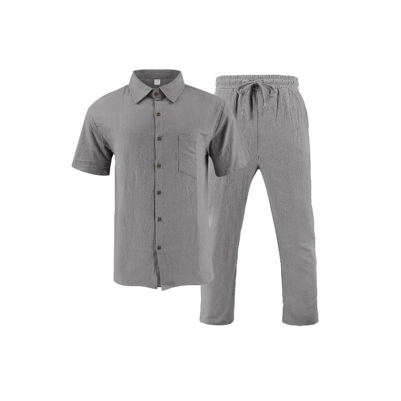 Męskie casualowe bawełniane lniane dwuczęściowe zestawy plażowe vintage podstawowe koszule i spodnie jednolity kolor casualowy garnitur męski hawajski dres