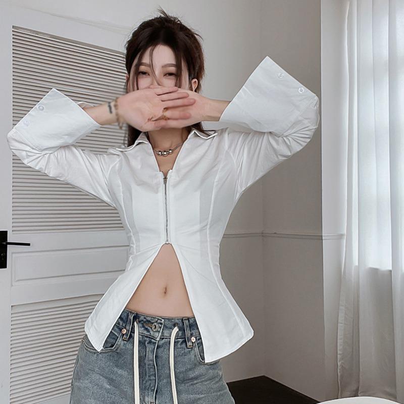 Women Shirts Slim Fit Temperament Slit Sleeves Long Sleeves Lapel