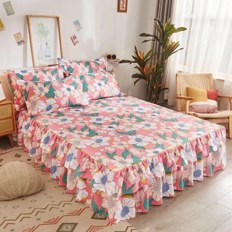 Lace Bed Sheet Skirt  Floral Printed Bed Cover Single/Queen/King Size Bedspread On The Bed (No Pillowcase