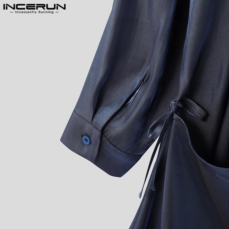 INCERUN Ανδρικά Γκλίτερ Πουκάμισα Μακρυμάνικα Κουμπιά Μονόχρωμα Ανοιχτή Πλάτη Τοπ με Μπαντάζ