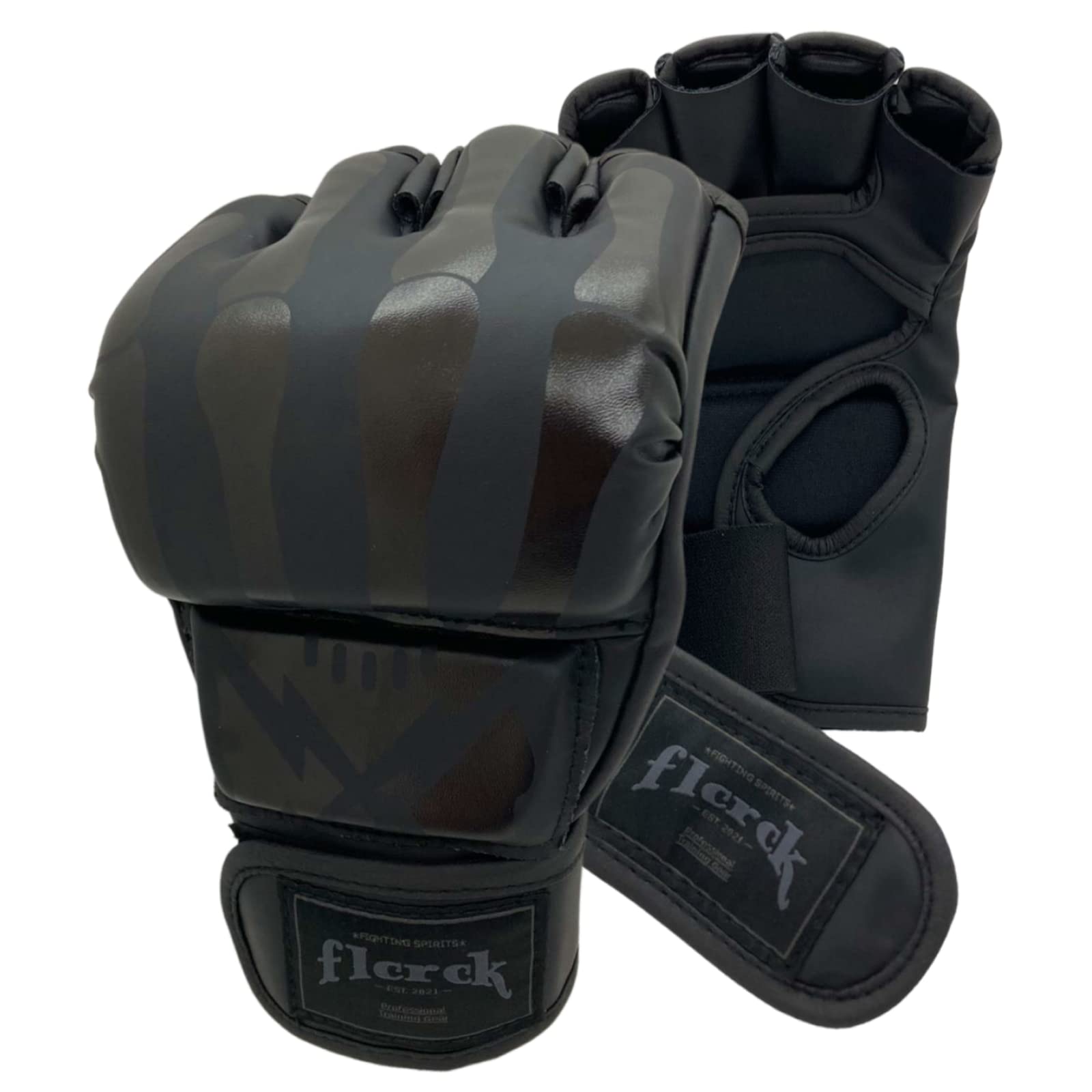 

flcrck Open Finger MMA Boxing Mixed Martial Arts Punching Muay and Exercise Gloves, Gloves, Gloves, Thai, Kickboxing, Training, (Black Bone)