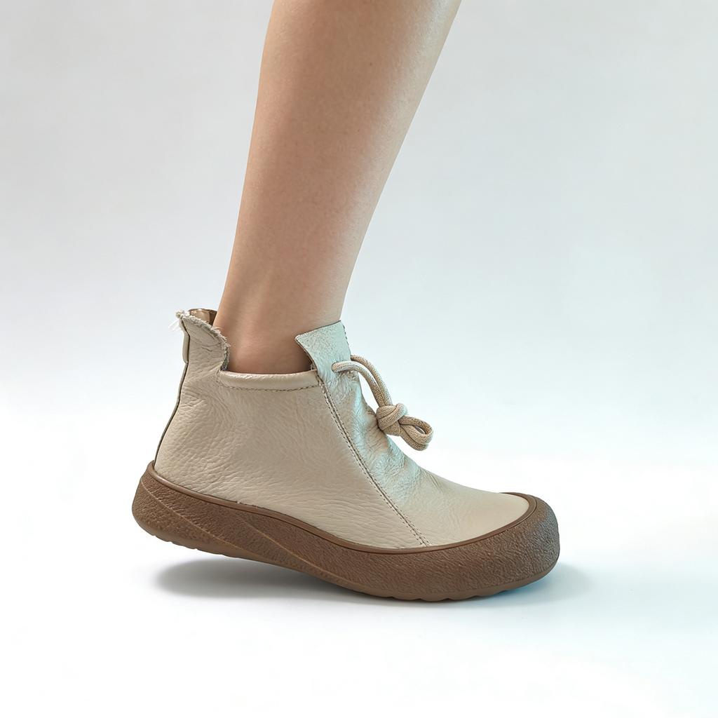 Genuine Leather Shoes Women Ankle Boots Cow Leather Short Booties Zip Flat Non-slip Casual Soft Shoes Elegant Beige Plus Size 41