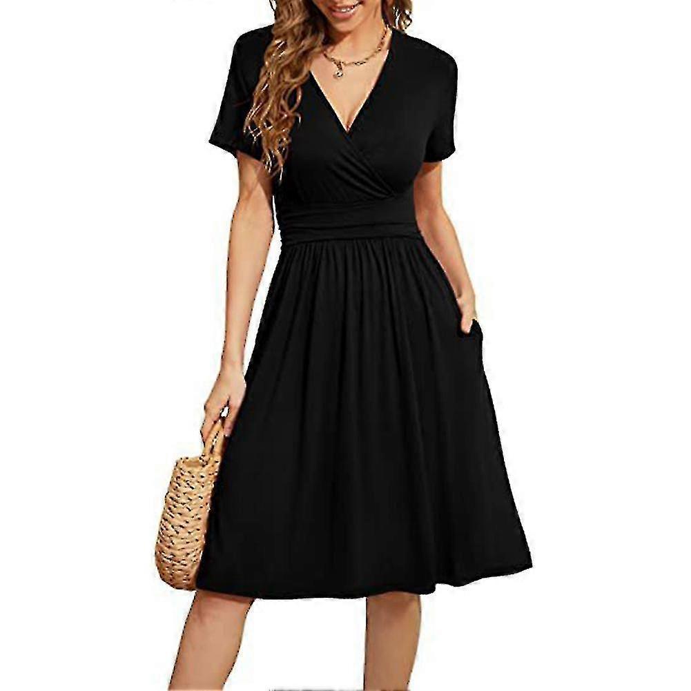 Casual Women's Summer Dress With Pockets V-neck Short Sleeve Midi Dress
