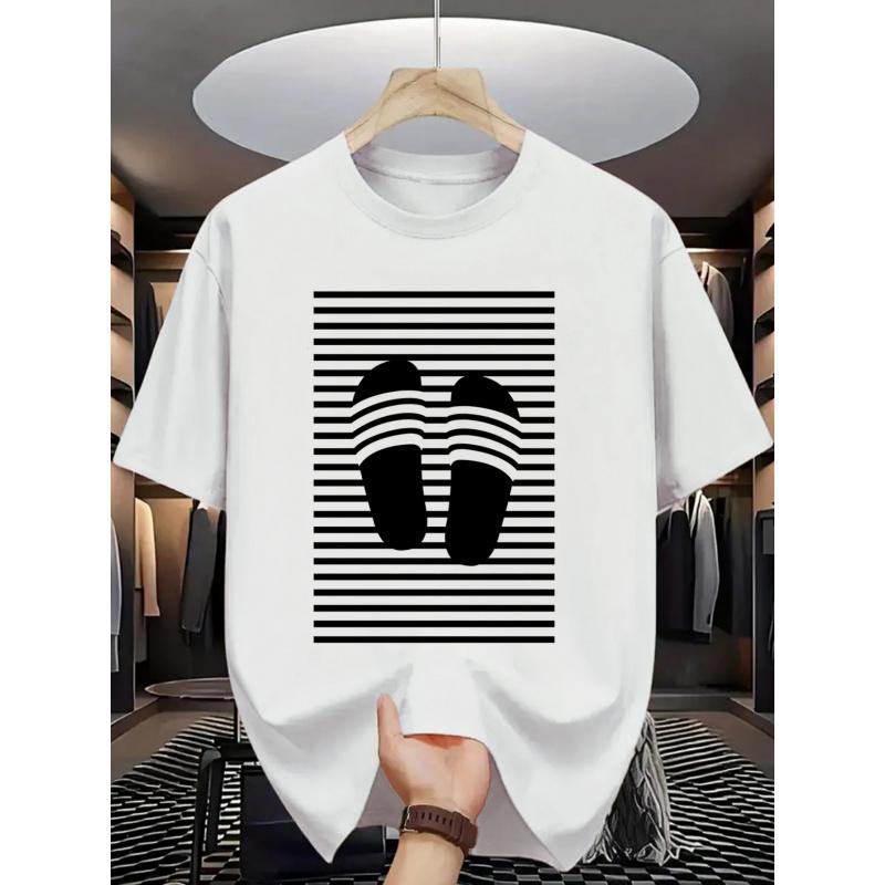 Men'S Streetwear Slipper Line Graphic T-Shirt - cotton Regular Fit Short Sleeve Tee with Digital Print, Soft Round Neck Summer Casual Top for Casual