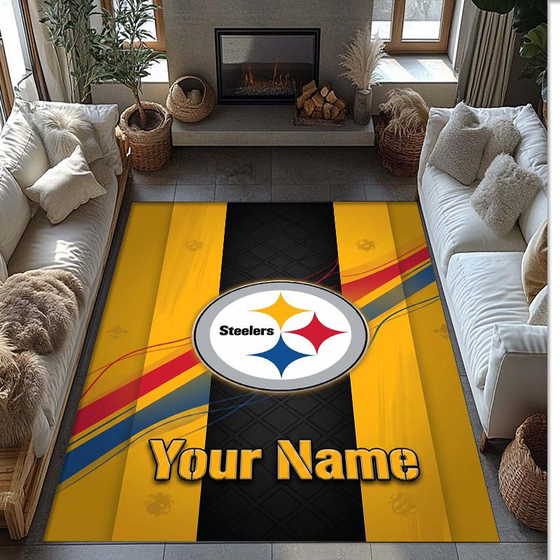 Pittsburgh Steelers Crystal Velvet Rug, Custom Name Text Personalized Non‑Slip Floor Mat for Home Decor Gift