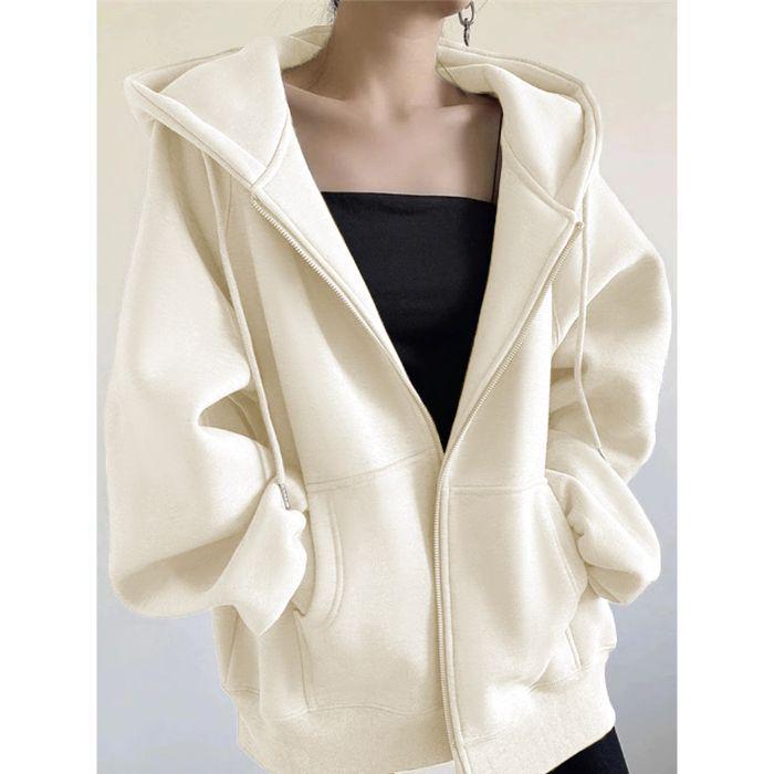 Women's Autumn/Winter Plus Velvet Zipper Cardigan Hoodie - Thick, American-Style, Loose Fit, Slimming Top