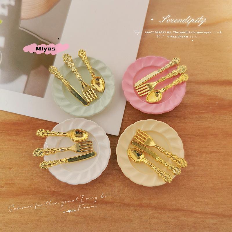 1/12 Scale Miniature Dollhouse Cake Dish with Knife Fork Spoon Set - DIY Decoration Doll House Accessories for 1/12 Scale Models