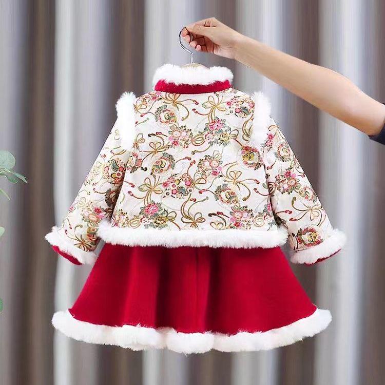 Girls' Winter New Year Hanfu: Fleece-lined Chinese Style Tang Suit for Toddlers and Children.