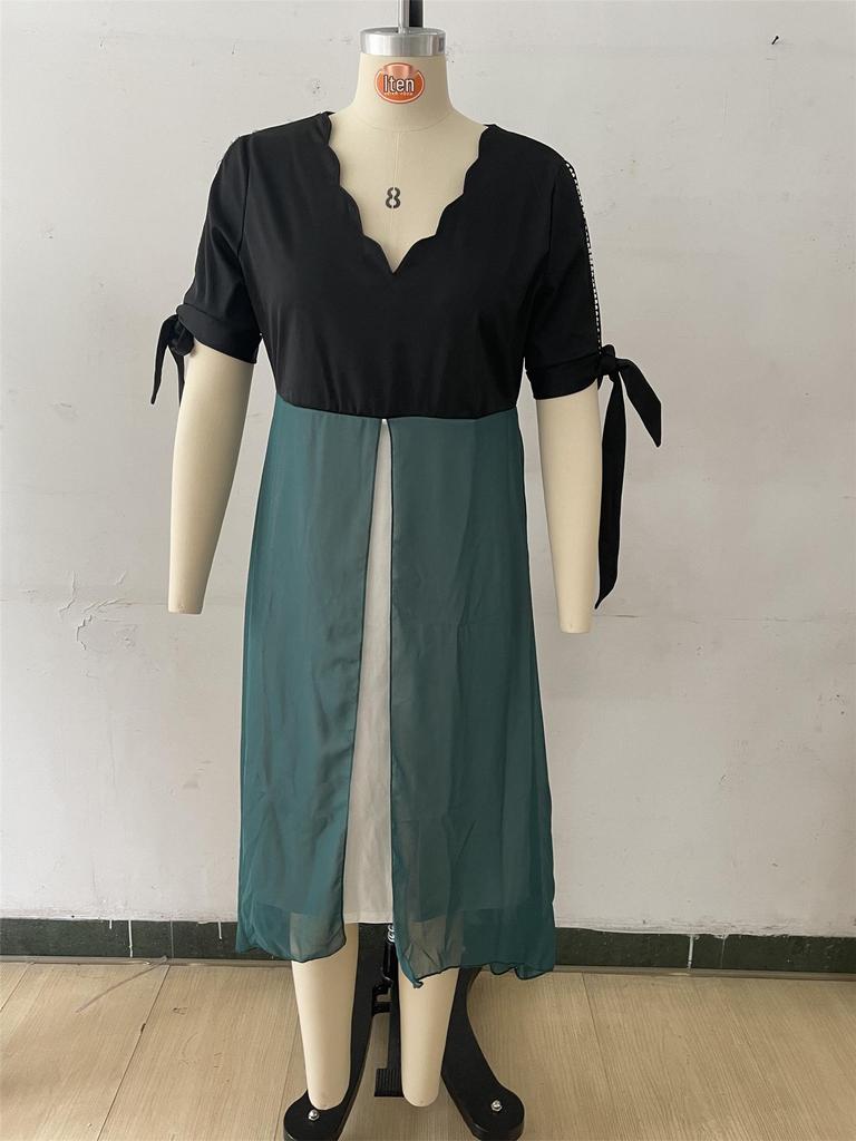2025 Spring/Summer Women's Plus Size V-Neck Patchwork Short Sleeve Two-Piece Irregular Dress