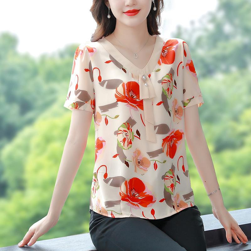 Mom's Summer Short-sleeved Top New Style Middle-aged and Elderly Women's Age-reducing Summer Chiffon Shirt T-shirt