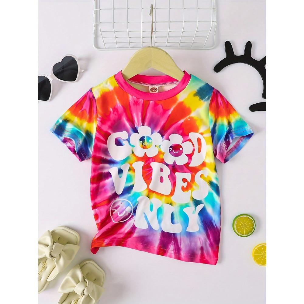 Kids Tie-Dye Graphic Tee with Good Vibes Only Print, Short Sleeve Cotton T-Shirt for Summer 110