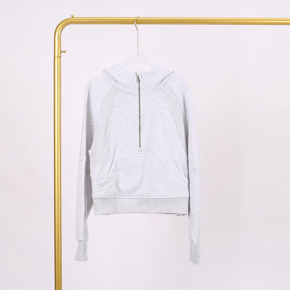 LULU Women's Hooded Half-Zip Terry Cloth Sweatshirt with Gold Logo & Zipper, Plus Velvet Yoga Wear