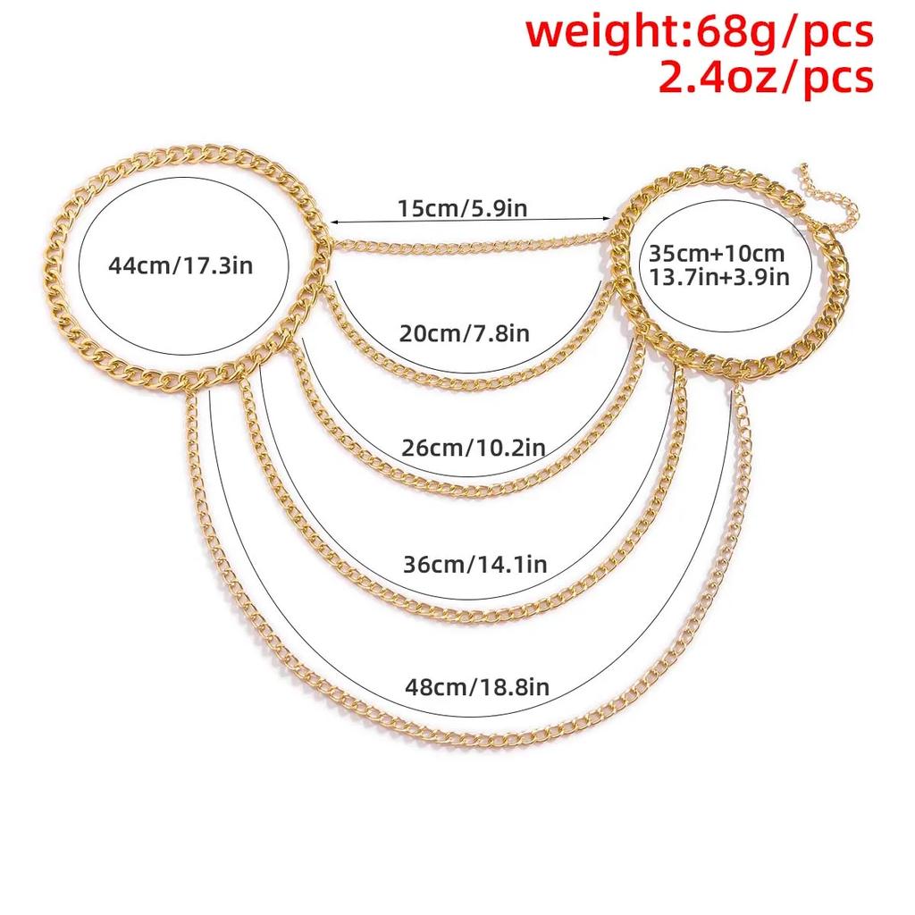 New Fashion Exaggeration Multi Layer Mental Thick Shoulder Chain Necklace for Women Elegant Shawl Gold Color Body Chain Jewelry