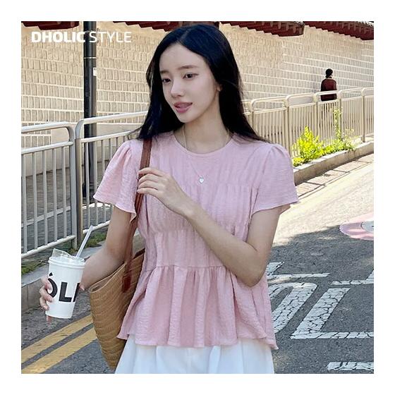 Wrinkle gathered short sleeve blouse p664478 Women s [BL] Tops Blouse Short Sleeve Puff Sleeve Short Length Wrinkle Gathered Flare Plain Girly Date
