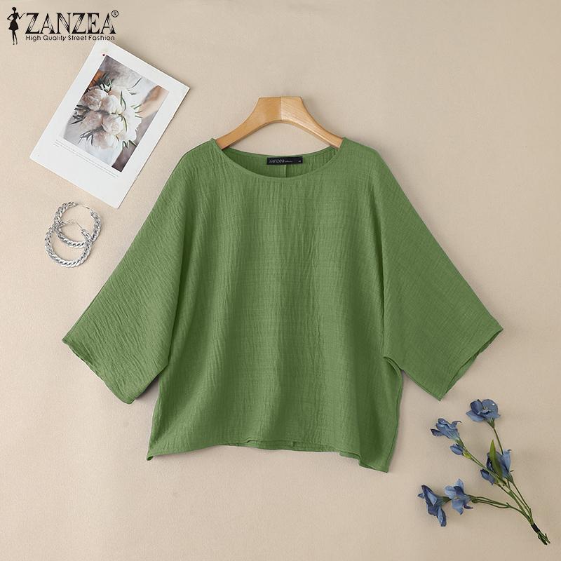 ZANZEA Women Summer Round Neck Solid Color Loose 3/4 Sleeve Blouse