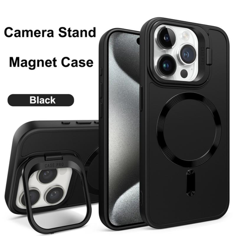 Magnet Magsafe Camera Holder Stand Soft Matte Phone Case For Apple iPhone 15 14 13 12 11 Pro Max 15 Plus Wireless Charging Cover