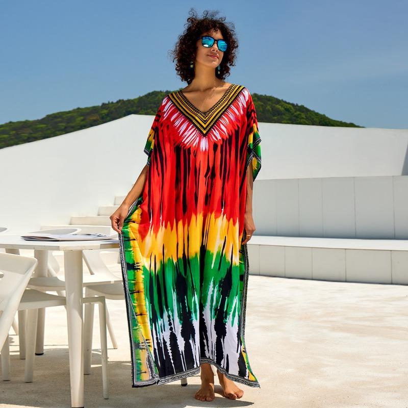 Vestidos Casuales de Moda para Mujer Verano Primavera Estampado Color Block Mangas 1/2 Cuello en V Cintura Holgada