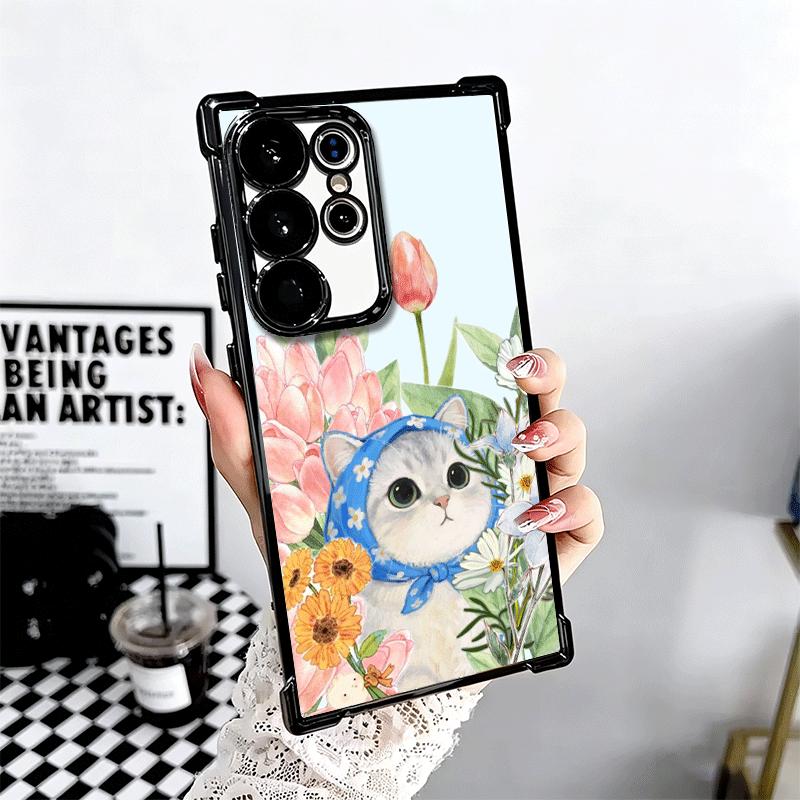 Cute Floral Headscarf Kitten Plating Phone Case For Samsung Galaxy S24 S25 FE S26 Edge S23 Ultra S22 S21 Plus S20 Anti-Fall Aira