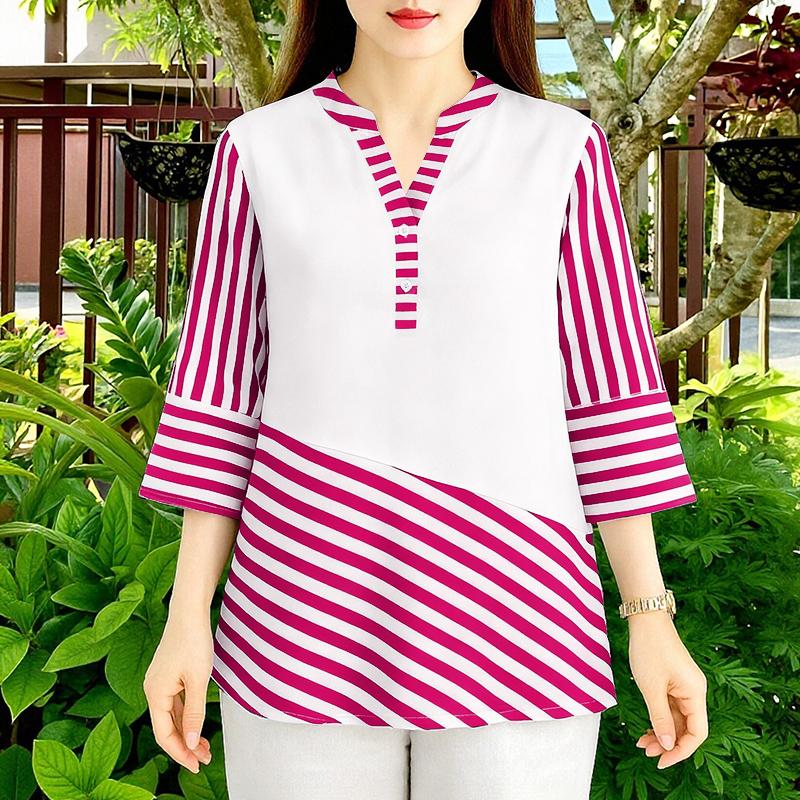 

ZANZEA Женская повседневная блузка с V-образным вырезом, полосатой вставкой, рукавами 3/4 и свободным кроем 5XL темно-розовый