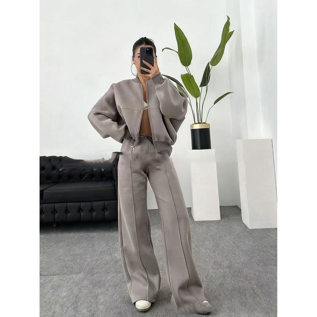 Casual Sweatshirt Pants Set Solid Zippers Jackets Loose High Waist Lace-up Elastic Waist Trousers Suits Sportswear 2 Pieces