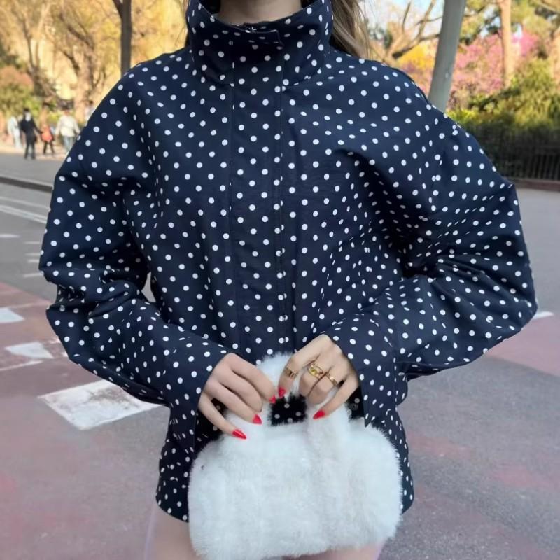 Damen Tupfen Jacke Shorts Set 2025 Herbst Streetwear Lockerer Schnitt Rundhalsausschnitt Langarm Einreihiger Mantel