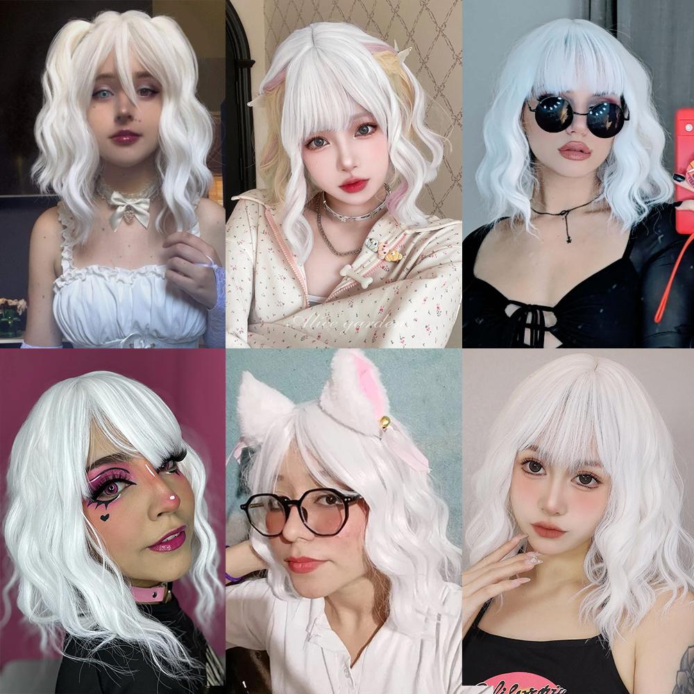 EASIHAIR Short White Bob Synthetic Wigs Short Wavy Lolita Natural Hair Wigs with Bangs for Women Heat Resistant Cosplay Wig