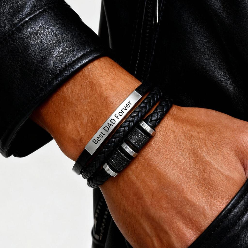 Custom Multi Layers Leather Bracelet for Men,Classic Metal Tube Handmade Braided Wristband,Gift for Husband Father Boyfriend