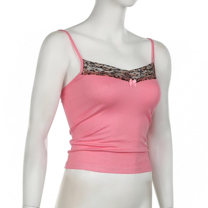 Vintage Leopard Print Stitched Crop Top Women Casual Sleeveless Cute Bow Patchwork Strap Tees Y2k Summer Crop Tops Ladies