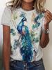Lady Funny Tops Crew Neck Short Sleeve Vivid Peacock Print T Shirt Women's Outfits Casual Streetwear Fashion Tees Summer Clothes