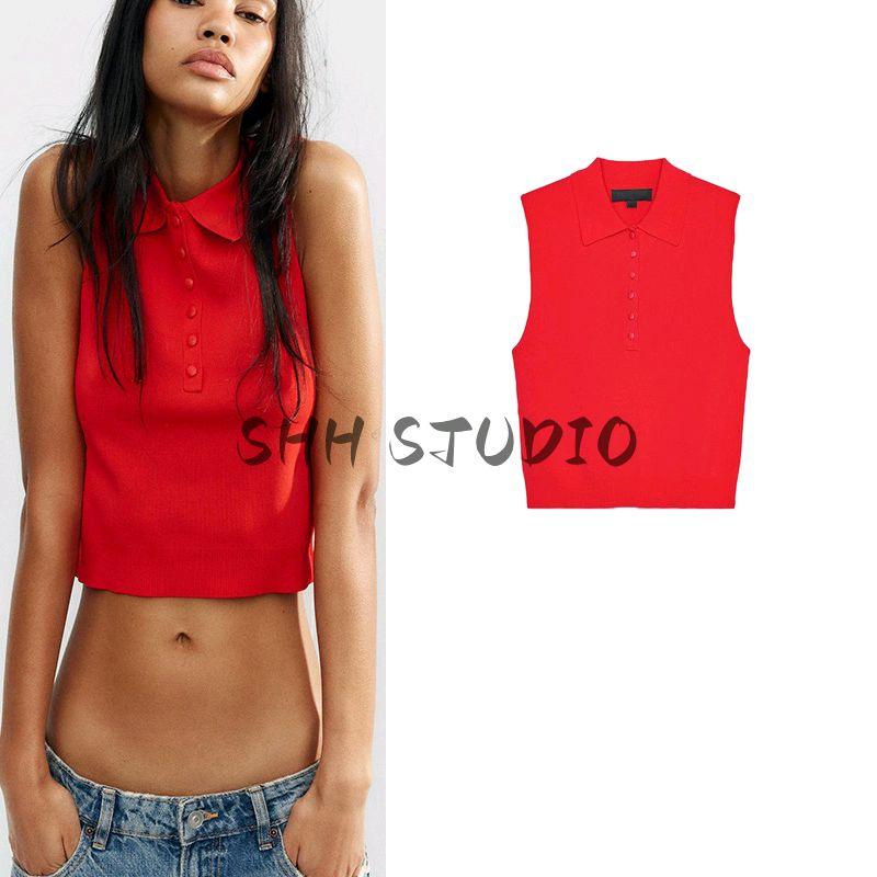 Spring and Summer New Women's Clothing Button Decoration Minimalist All-Matching Lapel Sleeveless Knitting Vest Short Top 9598026