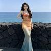 Atmosphere long dress vacation sunset island sense mesh suspender holiday vacation wind tie dye gradual change color