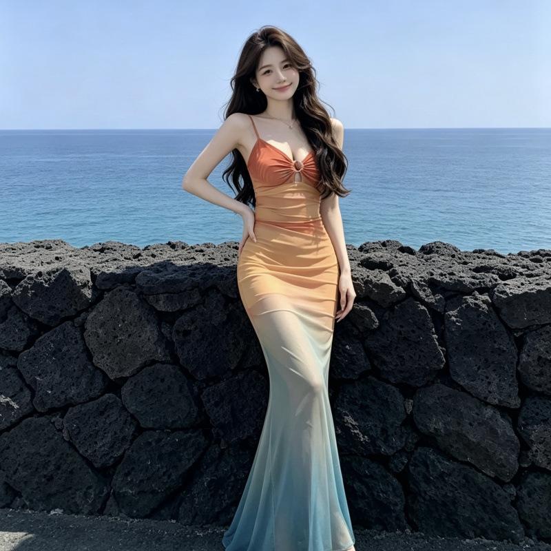 Atmosphere long dress vacation sunset island sense mesh suspender holiday vacation wind tie dye gradual change color