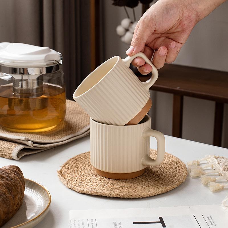 Wind Vertical Stripes White-Brown Splicing Ceramic Creative Water Cup Can Be Determined