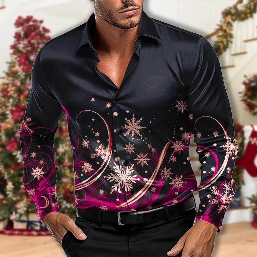 Christmas Men's Christmas Scene Printing Shirt Snow Snow Casual Fashion Lapel Button Long-sleeved Party Autumn Shirt