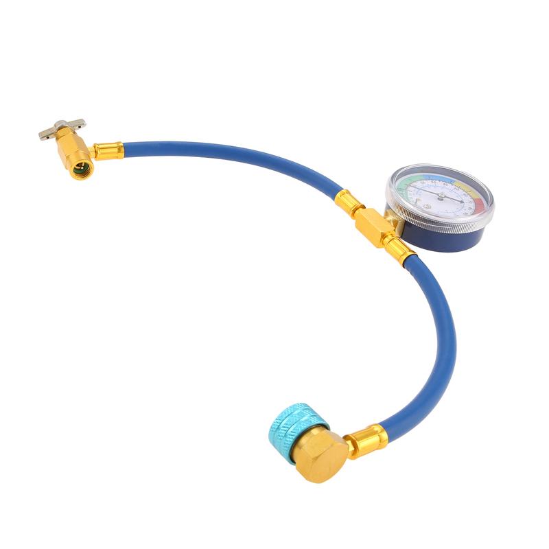 R1234yf Refrigerant AC Recharge Hose with Gauge, 1/2” LH R1234YF Self-sealing Can Tap Valve & Low Side Quick Coupler 14mm 250PSI