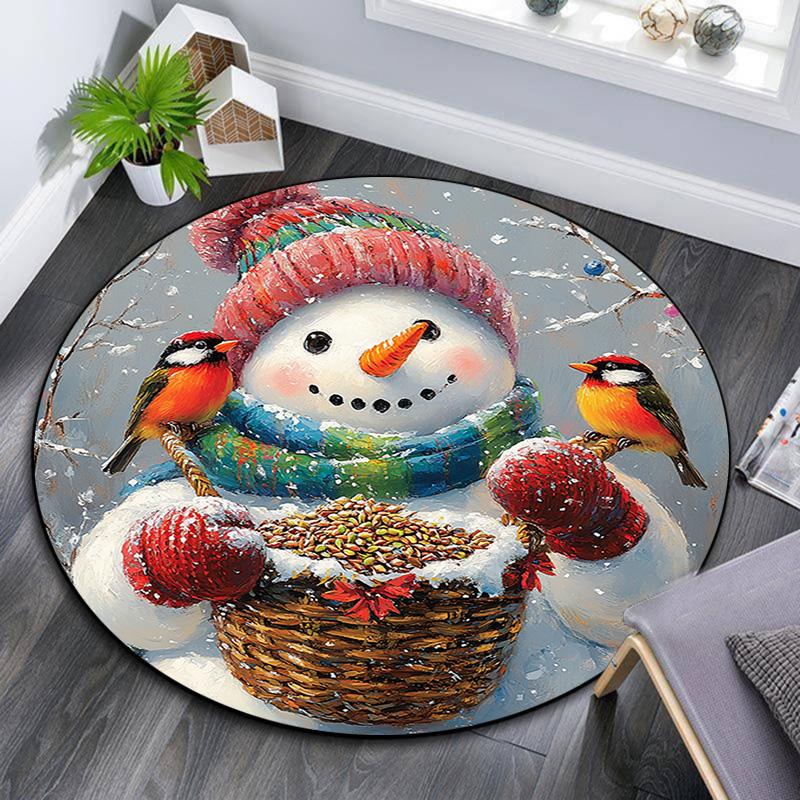 Snowman with Birds Round Area Rug,Carpet Rug for Living Room Bedroom Sofa Playroom Decor,Non-slip Floor Mat