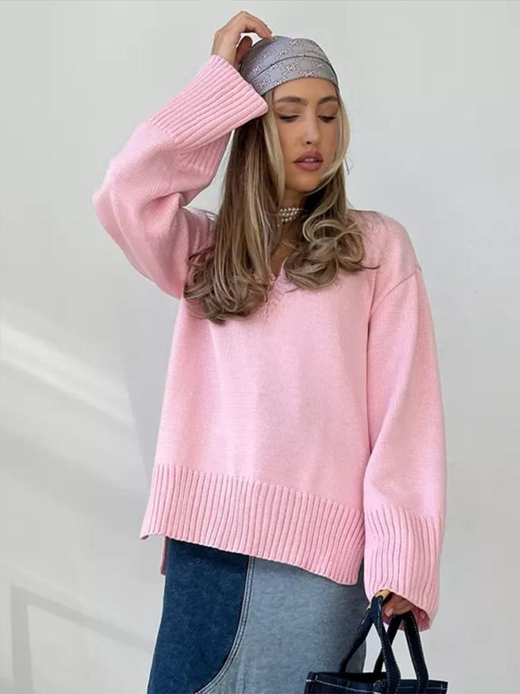 Women's Pullover Sweater with A V-neck and A Slit At The Bottom