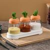 Kitchen Seasoning Jar Set Cactus Shape Lid Glass Bottle Good Sealing Spice Container with Bottom Tray 3Pcs