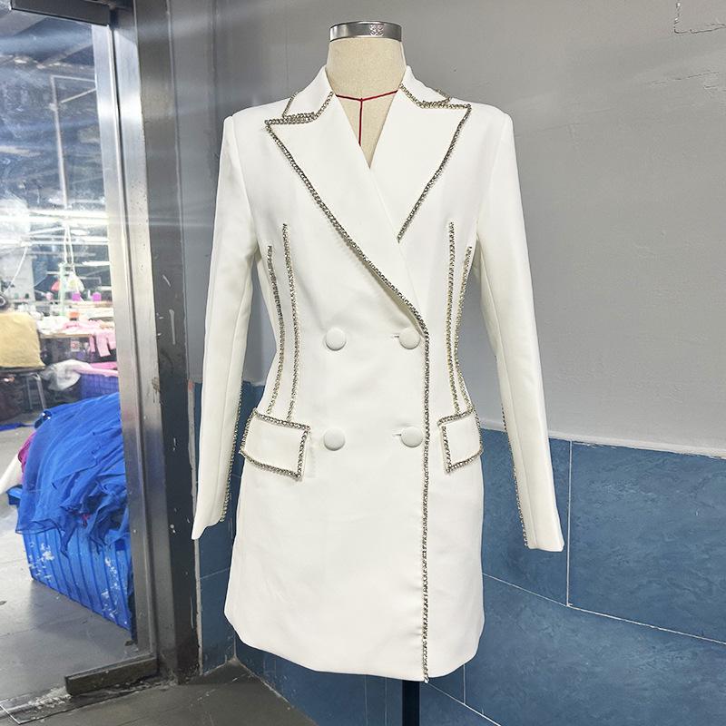 

European & American Light Luxury Rhinestone Beaded Slimming Double-Breasted Suit Dress (2025) Medium белый