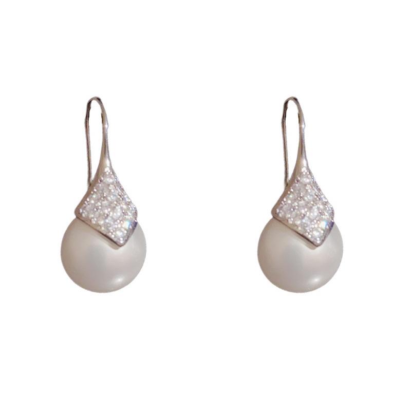 Elegant Simple Geometric Zircon Diamond Pearl Dangle Earrings For Women