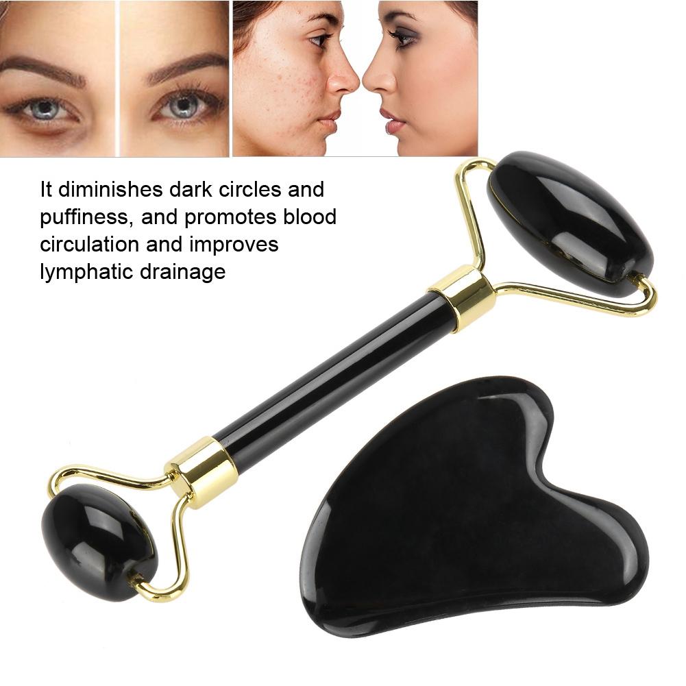 2pcs Set Natural Obsidian Double End Roller Massage & Scraping Board Kit Massage Gift Tool